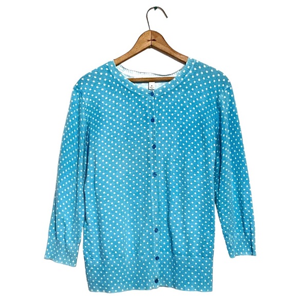 Cherokee Blue White Polka Dot Button Front Cardigan Sweater Ribbed 3/4 Sleeve XL - Picture 7 of 15